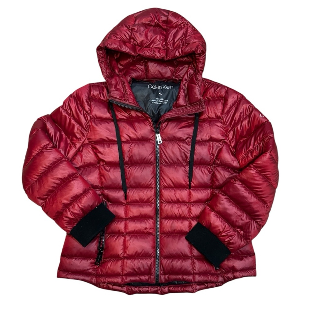 Calvin Klein Shiny Crimson Quilted Hooded Puffer Jacket